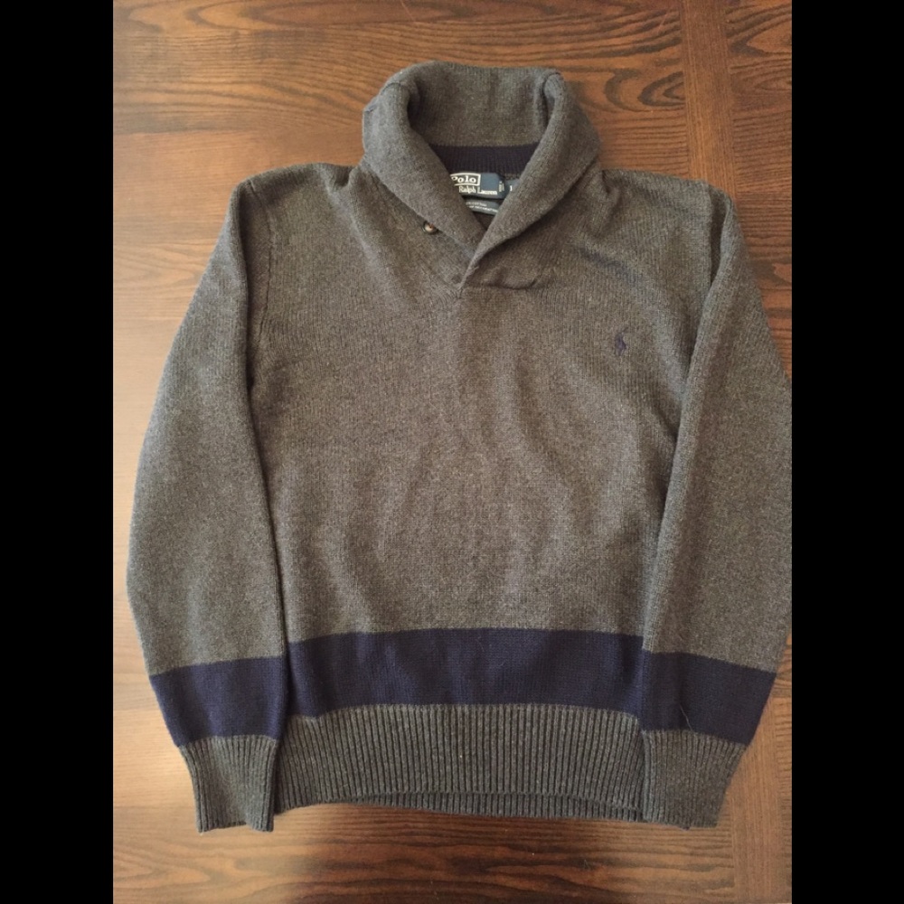 RL Polo Gray w/ Navy Stripe Shawl Collar Sweater